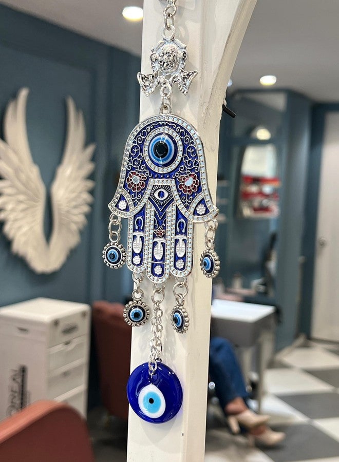 BLUE BEADS خرز أزرق معدني، ديكور منزلي، قلادة عين الحسد، طولها 8 بوصات، زينة مثالية لهدايا ديوالي، قلادة حظ على شكل يد الحسد، زينة للباب/الجدار للمنزل والمكتب، فضي - Image 5